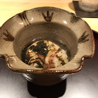 なかもと - 白子の炙りに子持ち烏賊、あおさ餡掛け。白子トロトロ、烏賊モチモチ、餡掛けのお出汁も美味しい。