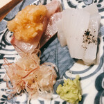 温石 - 左上の石鯛が抜群でした。地物の玉葱の甘味と酸味が脂を優しく中和します。墨烏賊には墨塩？がトッピング。この隠し包丁が身の中心の甘味を最大限に引き出します