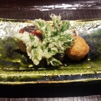 奈良 而今 - ⑬花独活の天麩羅、辛子蓮根(奈良県山添産)コロッケ、金目鯛(千葉県産)の西京焼き