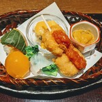 大洗料理つかさ - 美明豚の串揚げ、ほうぼうの手毬鮨ほか、前菜盛り合わせ
