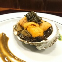 中華料理 おぎわら - 蒸しあわびに雲丹、キャビア 肝ソースとネギソース