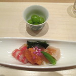 まき村 - 車海老　帆立　生雲丹酢ゼリーがけ