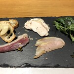 じどりや 穏座 - [左下から時計廻りで]鴨肉のパンチェッタ,雄ムネ肉の低音調理,雄ムネ肉の生ハム