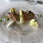 レストランMINAMI - 前菜　ホワイトアスパラガスと日向夏と生ハム