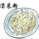 延吉香 - ビーフンと白菜漬と豚肉細切り、を鶏ガラスープで炒め煮。黒酢添加しごはんにのっけていただきました。欲をいえば唐辛子が欲しい。¥950