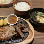 Bikkuri Donki Sanomiyaten - 150gハンバーグ&肉増しコロコロステーキ、ライス、味噌汁、ミニソフト