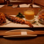 Norikono Gohan - 【前菜盛り合わせ】とうもろこしのかきあげ、車海老の塩焼き、有機かぼちゃスープ、北海道水ダコのサラダ