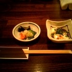 郷酒 - お漬け物とおぼろ豆腐の小鉢