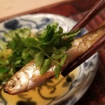 緒方 - 
      ⑧炭火焼き本諸子(滋賀県琵琶湖産)
      ふっくらと焼き上がってます
      山椒の木の芽入りポン酢を付けて頂きます
      水温が低い時期なので臭みゼロ、本当に淡水魚？と思うほど