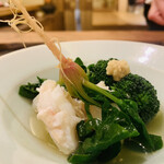 魚菜料理 縄屋 - 9. 箸休1：蟹、ブロッコリ、ホウレンソウの冷鉢仕立て
