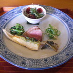 千松しま - 鴨ロースに筍の木の芽焼､菜花胡麻和え、万願寺唐辛子に葉山葵漬。