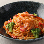 Tomato cream pasta with shrimp and broccoli