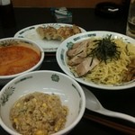 日高屋 - 塩麹つけ麺半チャン定食に餃子(見えないけどつまみ３種盛りも・・)