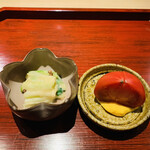 富小路 やま岸 - ☆ フルーツトマト
      ◎愛知県産の極めトマト。
      ☆うるい、蕨、タラの芽の白味噌和え。