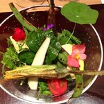 神保町 傳 - □スペシャリテのサラダ オクラの花付き