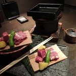 個室和食 紅炉庵 - 焜炉：熊本産黒毛和牛と琉球やんばるポークの鉄板ステーキ（'13.09月より）