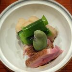 馳走 山傳 - 京鴨の油焼き・海老芋・九条葱・天豆