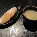 銀座　隠れ家GATSUN - お通しのお寿司&スープ