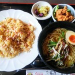 Resutoran sampou - 日替わりランチ ¥858 野菜トッピング醤油ラーメン、五目チャーハン、唐揚げ