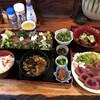 Senningoya - 春の山菜盛合定食、鹿レアロースト、熊肉煮込
