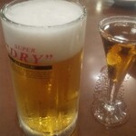 レストランカミヤ - 生ビール小と電気ブラン(オールド)