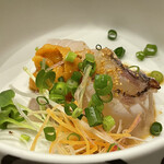 今石飯店 涼華 - 
            大紋ハタ、真鯛のカルパッチョ　ハタと鯛の美味しさにウニの甘味が合い旨し⭐️⭐️⭐️⭐️
            