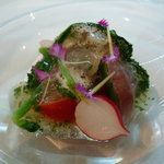 カノビアーノ アネックス - ☆ほのかに薫香が香る活鯵と五三竹のサラダ（＾ｖ＾）☆