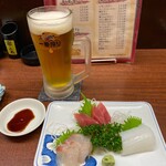 居酒屋　極 - 生ビールとお刺身３点盛り