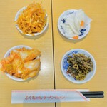 Oosaka Fukuchan Ramen - 左上:もやしナムル
      右上:大根生酢
      左下:キムチ
      右下:高菜