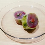 温石 - 「鯵の胡瓜巻き」♡ぴったり吸いついた胡瓜と鯵。お互いに引き立てあって爽やか。大大大好きな一品。