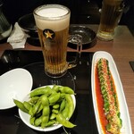 Motsunabe Tashuu - 最初に注文したビールとカリカリきゅうり