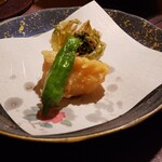 作並温泉 湯の原ホテル - 揚げ物→フキノトウ、海老真丈、シシトウ。