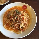 チュカテ - Cセット（前菜、パン、パスタ、メイン）¥1,600
      本日のパスタ：生ハムとナスのトマトソース
      メイン：豚バラと手羽先のポトフ