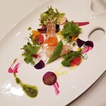 華蘭亭 - 大地の野菜と炙り赤エビのサラダ仕立て
             柚子のヴィネグレット KARANTEI菜園風