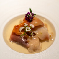 レストラン オオツ - 2021.3 貝のフラン（帆立出汁のフラン、浅蜊出汁のジュレ、生の赤貝、火を入れた本ミル貝とホッキ貝） 