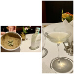 レフェルヴェソンス - 一献　よもぎとレモングラスをすり潰し、ジンと合わせたカクテルです。 《東京リバーサイド蒸留所》で作られたジン“VIVACE”、瓶口の封の色が水色で素敵な瓶です。