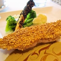 ブラッスリー ポール・ボキューズ 銀座 - 胡麻を纏った鶏胸肉　ノワイリー酒の香るマッシュルームソース。