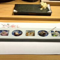 鮨 ふくじゅ - ・珍味5種盛り
                    (磯つぶ貝、うるいとふき味噌、のれそれポン酢、タコの桜煮、ノーザンルビーの麩)