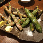 Saikoro - アスパラ豚巻きと空豆（650円）