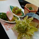 祇園 にしかわ - 【八寸】　ナマコの霙ポン酢、春キャベツのサラダ、菜の花のお浸し、 蕗の薹の天ぷら、だし巻き玉子、鯖寿司,