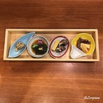 和処 大うち - 鮟鱇とも和え､若芽酢の物､厚焼玉子､磯螺貝､蛍烏賊と独活酢味噌和え