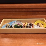 和処 大うち - 鮟鱇とも和え､若芽酢の物､厚焼玉子､磯螺貝､蛍烏賊と独活酢味噌和え