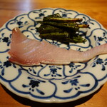 明道町中国菜 一星 - 富山の鰤と行者にんにくみそ和え、塩と山椒を軽く当て１週間ドライエージングしたもの