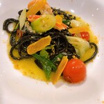 Tagliorini made with squid ink, snow crab and Kujo green onion peperoncino