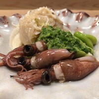 うを徳 - 茨城 蓮根酢漬け + 釧路 毛蟹 葛と出汁で固めたもの + 富山 蛍烏賊 + 鹿児島 空豆 + 菜花 酢味噌たたき