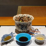 日本料理 幸庵 - 平目の昆布〆、赤貝、ヤリイカ、鰹叩きの盛合せ