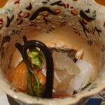 日本料理 幸庵 - 平目の昆布〆、赤貝、ヤリイカ、鰹叩きの盛合せアップ