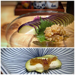 Toribudou - ◆水茄子のお刺身、金山寺味噌(630円）・・水茄子も金山寺味噌も好きなのです。 でも「もろきゅう」ならぬ「もろなす」を頂いたのは初めて。水茄子は食感も良く、金山寺味噌と共に頂くと、いいつまみに。 ボリュームがあり、結構お腹が膨れました。