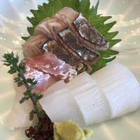 天ぷら新宿つな八 大丸東京店 - 磯波５８３０円。刺身盛合せ三点盛。鯛、鰆、アオリイカ。秀逸なお造りです（╹◡╹）（╹◡╹）。アオリイカが特に良かったです（╹◡╹）（╹◡╹）