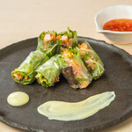 Soft shell shrimp and vegetable spring rolls (wasabi mayo, sweet chili)